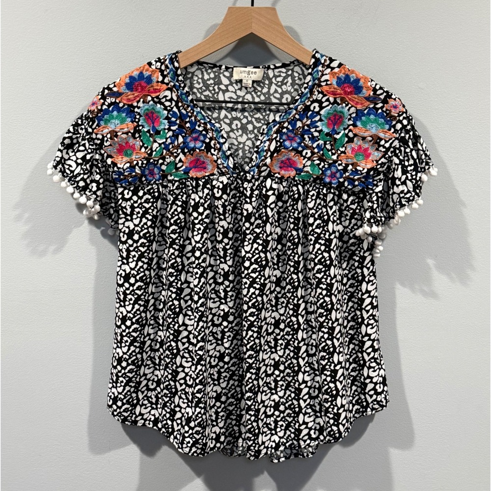 Umgee Womens Embroidered Leopard Print Pom Pom Trim Boho Blouse Black White S